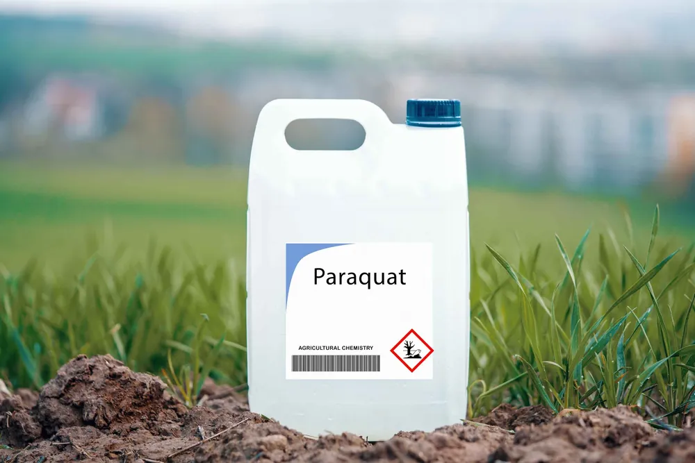 A container of paraquat herbicide standing in a field.